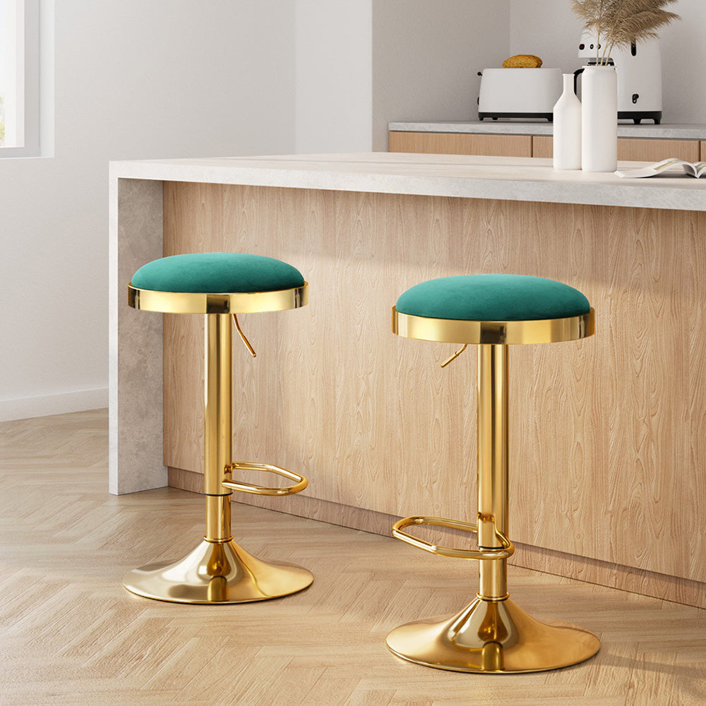 2x Bar Stools Kitchen Dining Chairs Velvet Padded by Artiss Stool Green