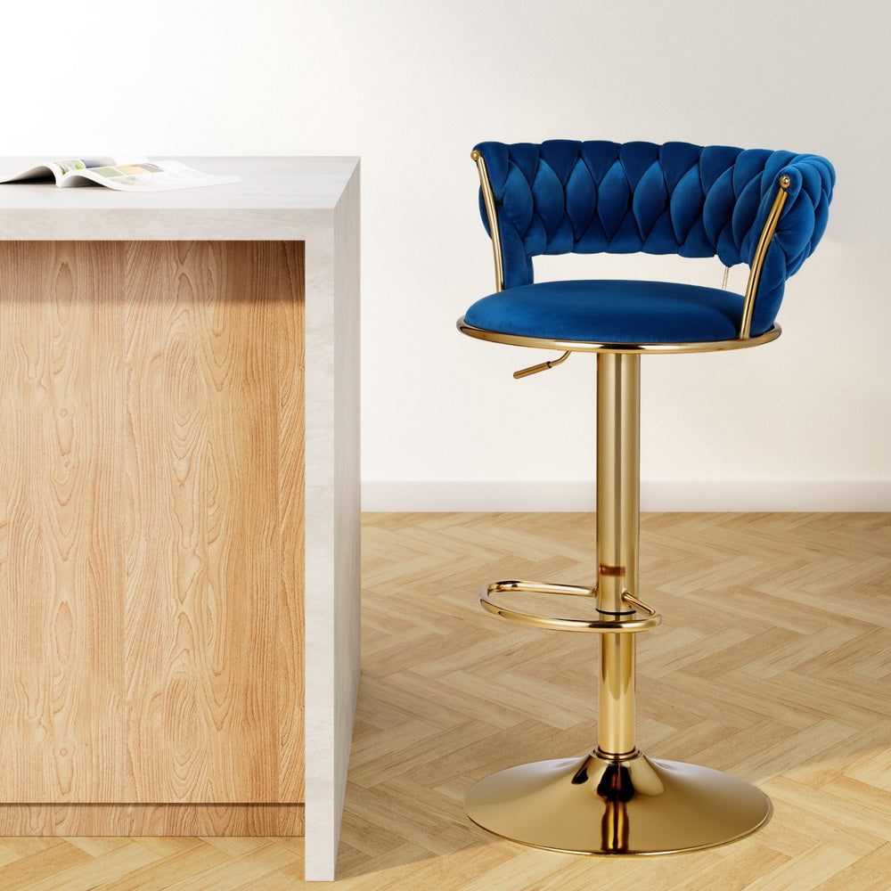 Bar Stools Gas Lift Velvet Woven Backrest Navy by Artiss