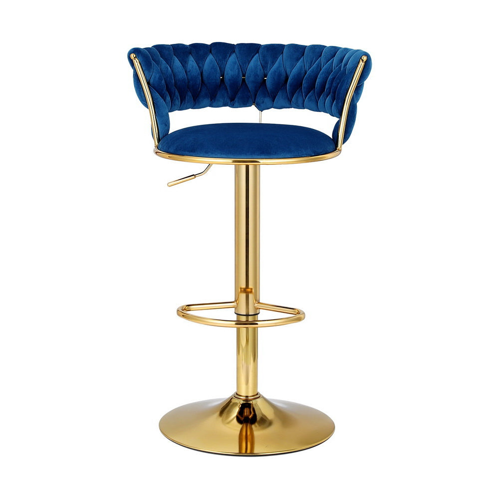 2x Bar Stools Gas Lift Velvet Woven Backrest Navy by Artiss
