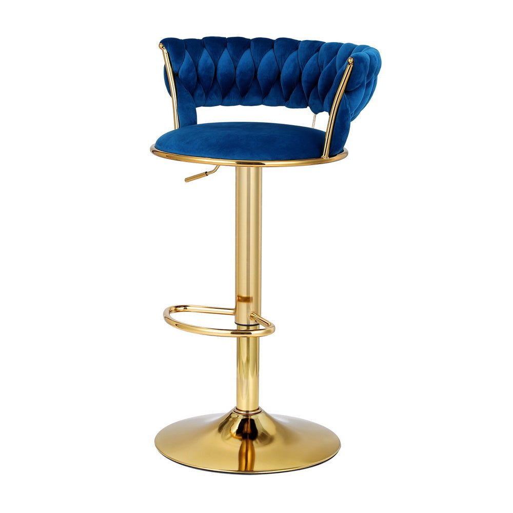 2x Bar Stools Gas Lift Velvet Woven Backrest Navy by Artiss