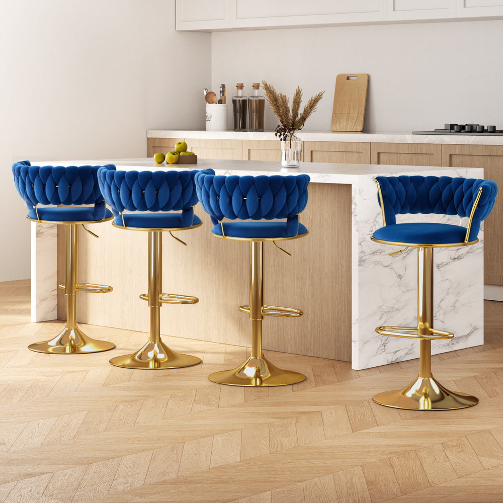 4x Bar Stools Gas Lift Velvet Woven Backrest Navy by Artiss