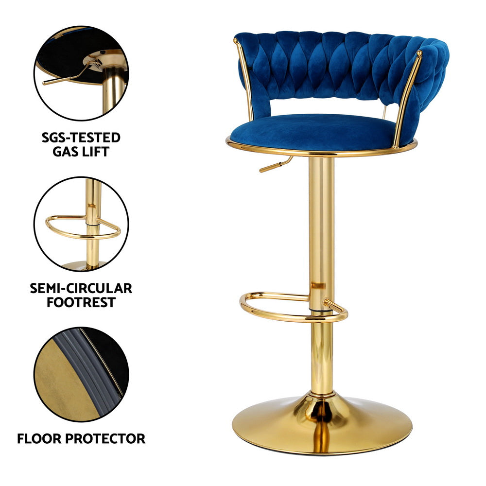 4x Bar Stools Gas Lift Velvet Woven Backrest Navy by Artiss