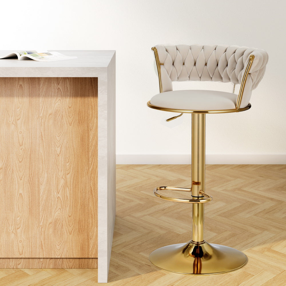 Bar Stools Gas Lift Velvet Woven Backrest Ivory by Artiss