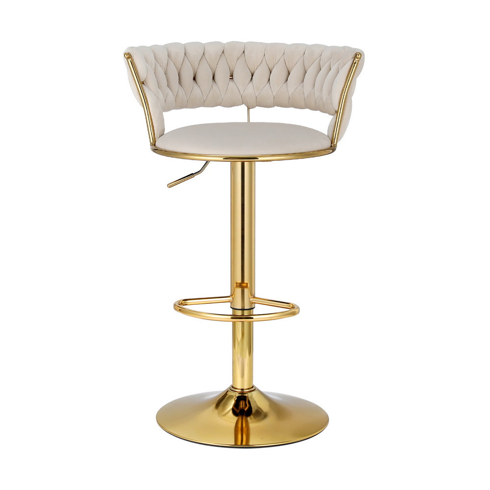 Bar Stools Gas Lift Velvet Woven Backrest Ivory by Artiss