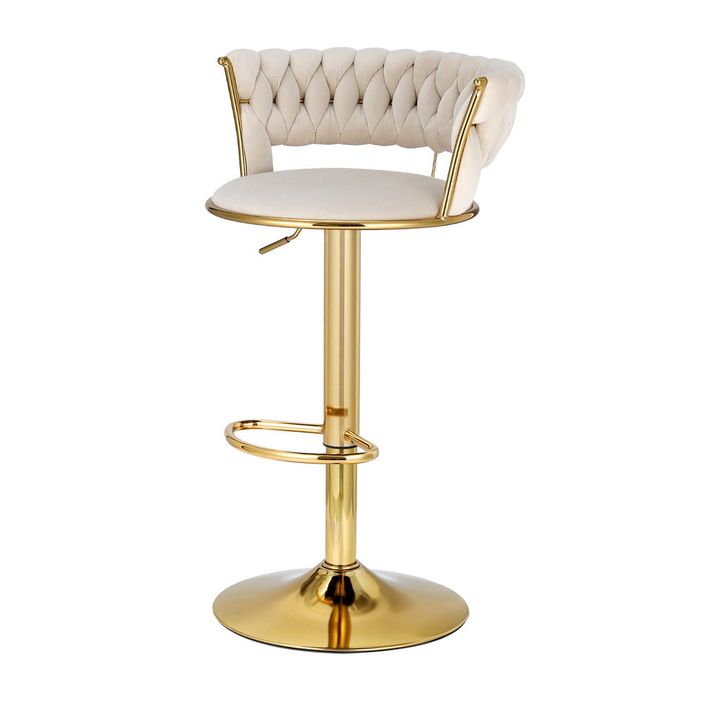 Bar Stools Gas Lift Velvet Woven Backrest Ivory by Artiss
