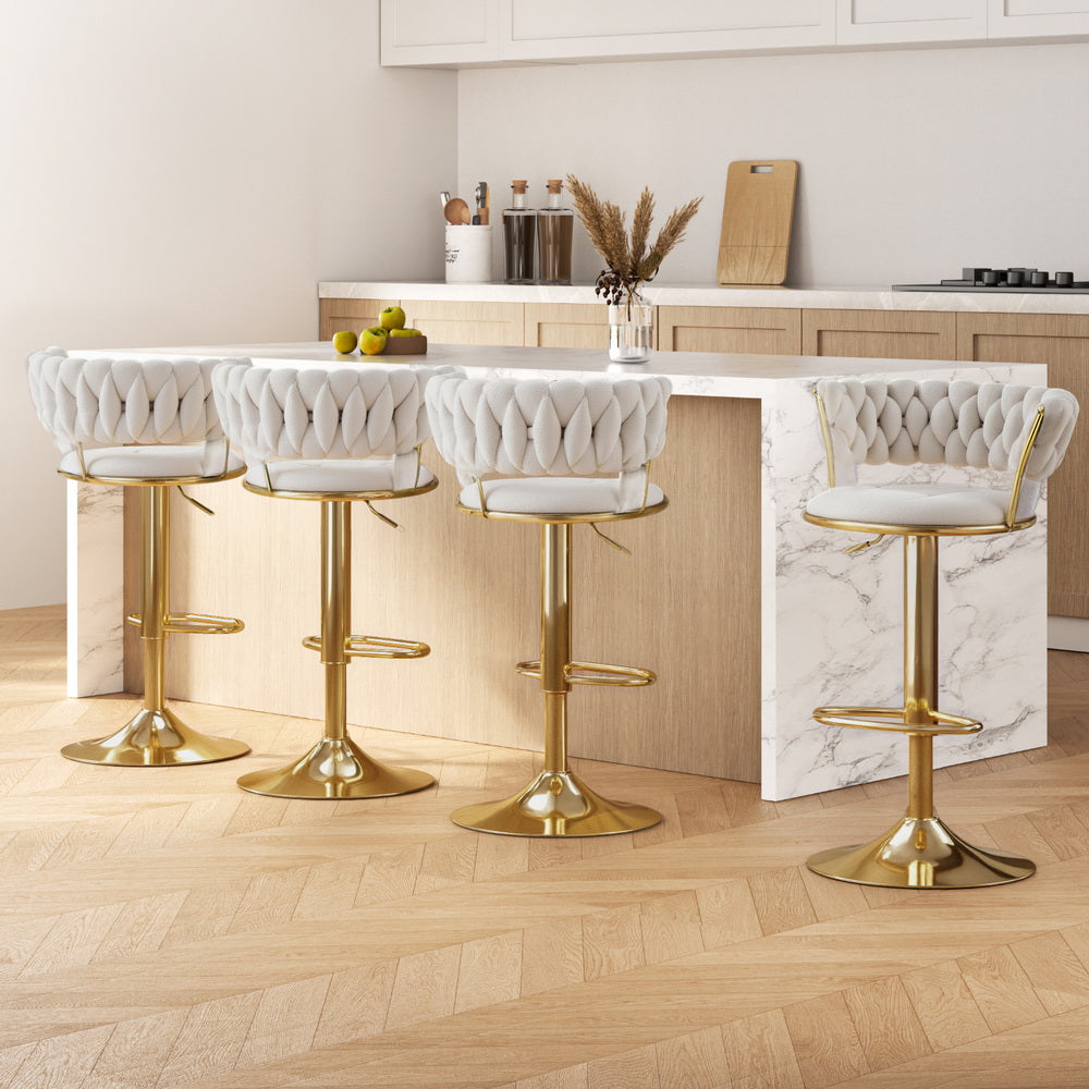 4x Bar Stools Gas Lift Velvet Woven Backrest Ivory by Artiss