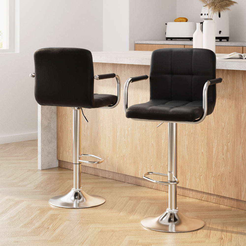 2x Bar Stools Leather Gas Lift w/Armrest Black by Artiss