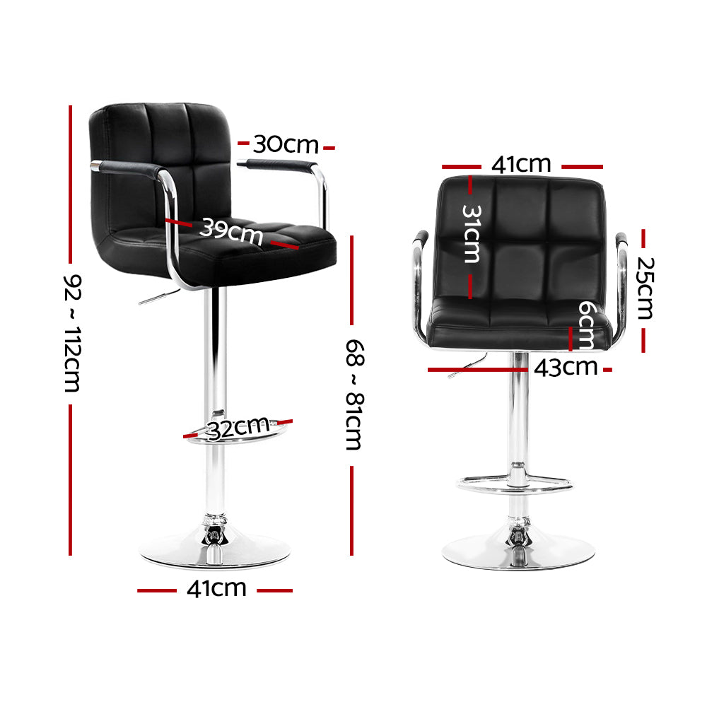 2x Bar Stools Leather Gas Lift w/Armrest Black by Artiss
