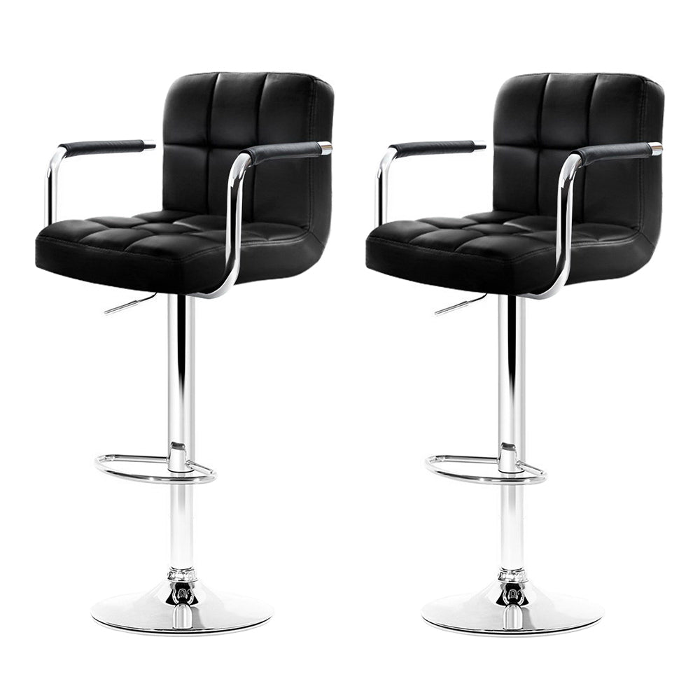 2x Bar Stools Leather Gas Lift w/Armrest Black by Artiss