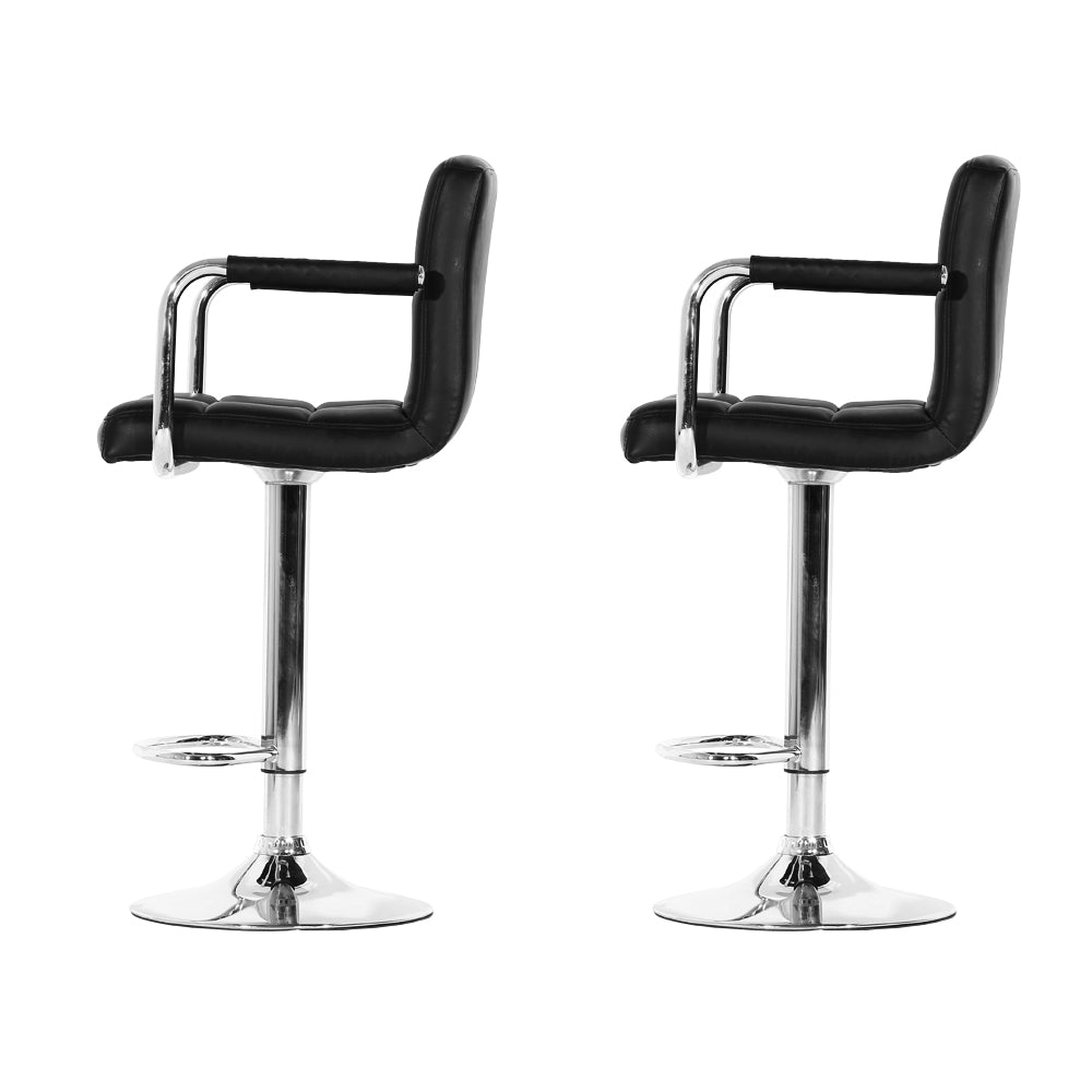 2x Bar Stools Leather Gas Lift w/Armrest Black by Artiss