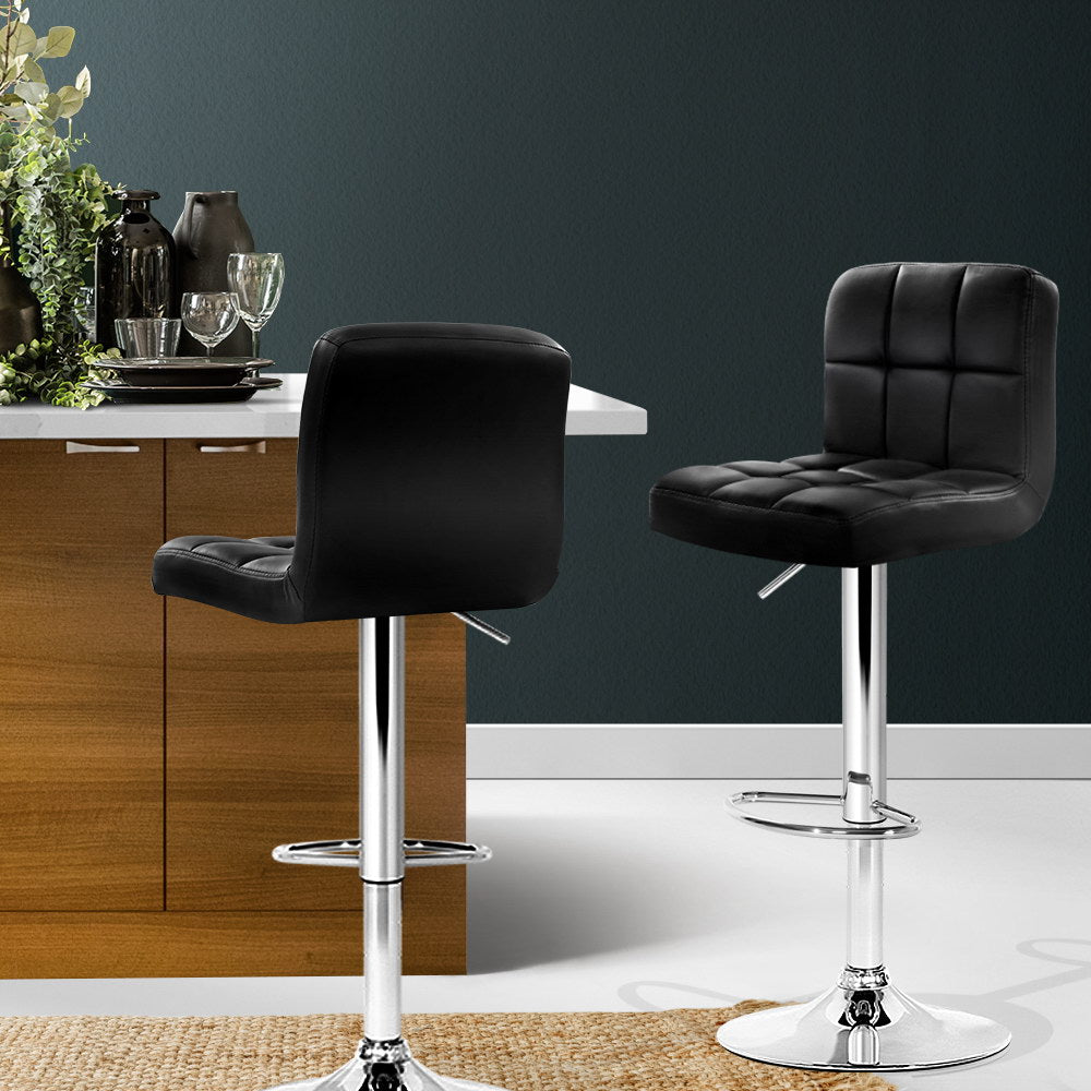 2x Bar Stools Leather Gas Lift w/Armrest Black by Artiss