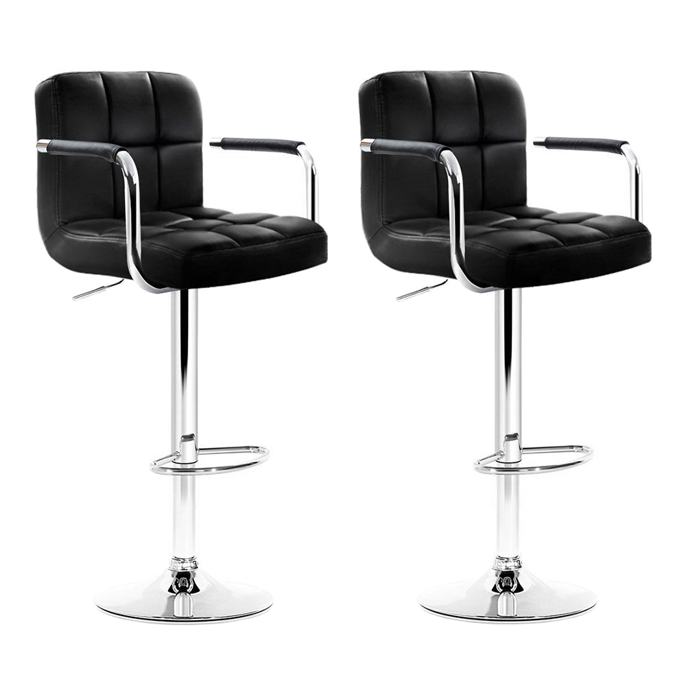 2x Bar Stools Leather Gas Lift w/Armrest Black by Artiss
