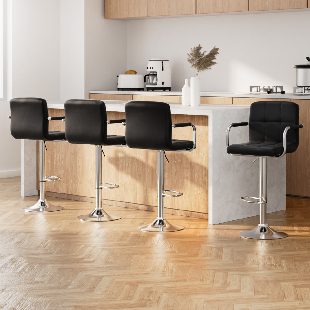 4x Bar Stools Leather Gas Lift w/Armrest Black by Artiss