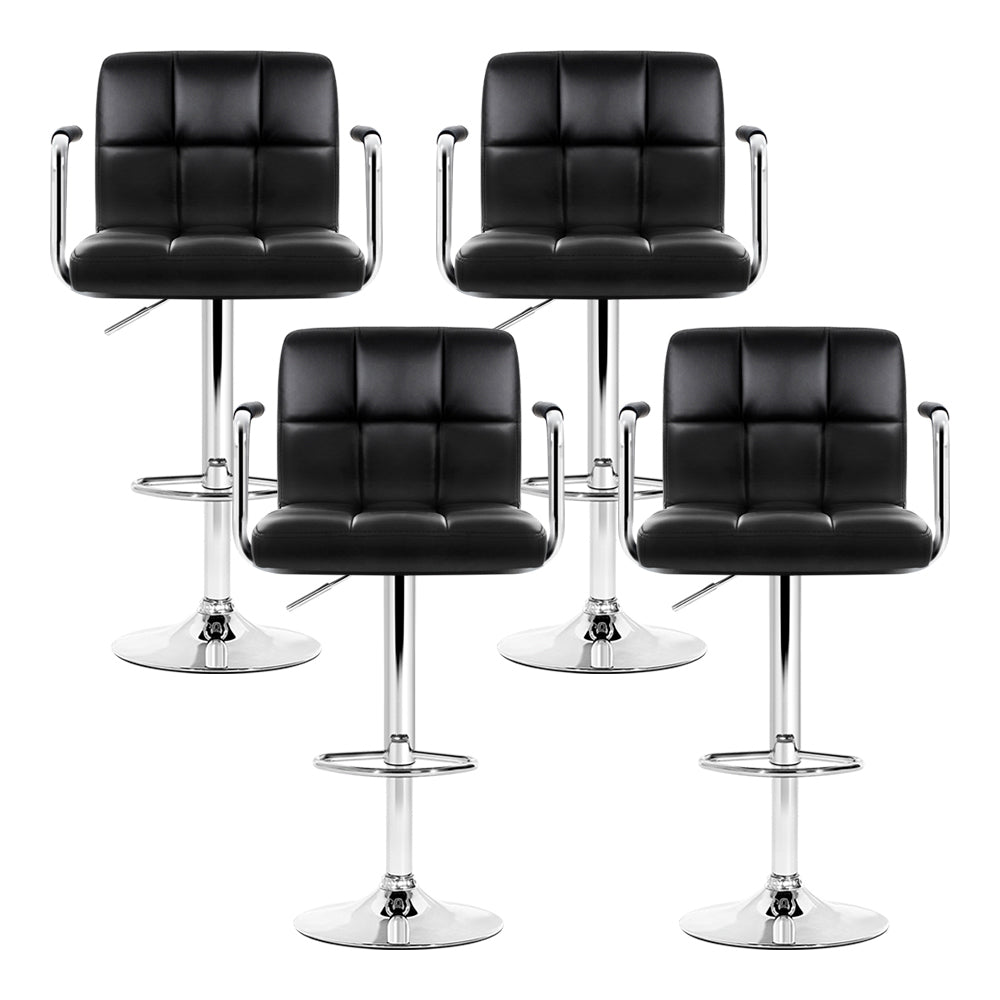 4x Bar Stools Leather Gas Lift w/Armrest Black by Artiss