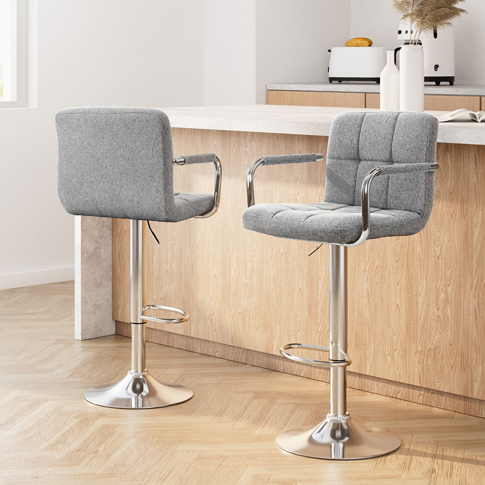 2x Bar Stools Fabric Gas Lift w/Armrest Grey by Artiss