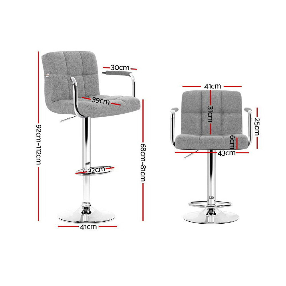 2x Bar Stools Fabric Gas Lift w/Armrest Grey by Artiss