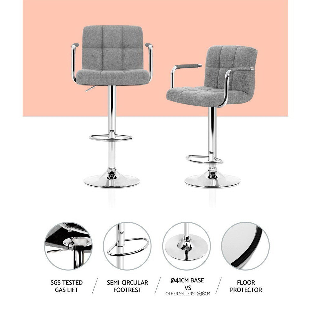 2x Bar Stools Fabric Gas Lift w/Armrest Grey by Artiss