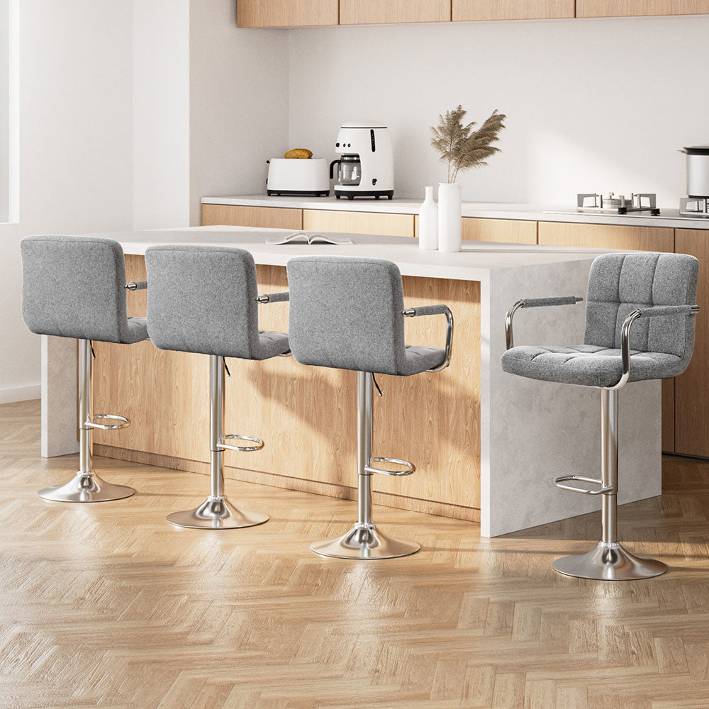 4x Bar Stools Fabric Gas Lift w/Armrest Grey By Artiss