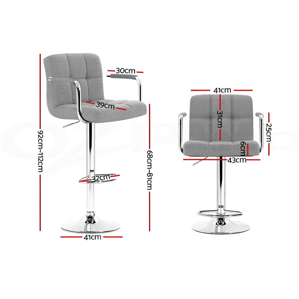 4x Bar Stools Fabric Gas Lift w/Armrest Grey By Artiss