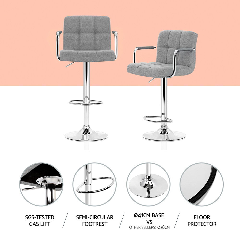 4x Bar Stools Fabric Gas Lift w/Armrest Grey By Artiss
