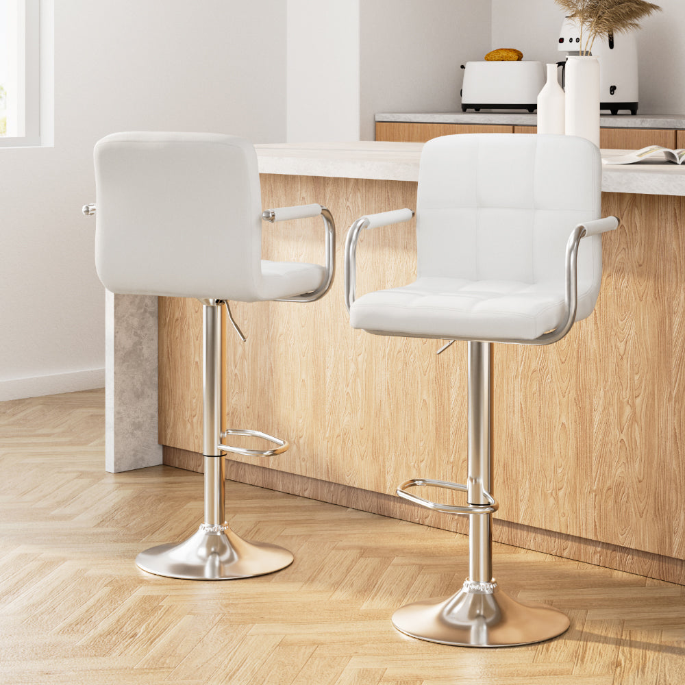 2x Bar Stools Leather Gas Lift w/Armrest White by Artiss