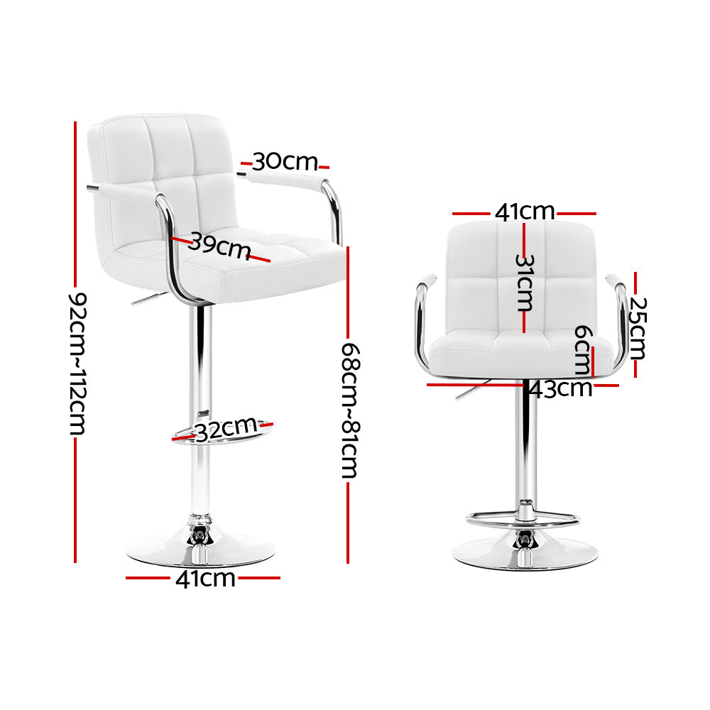 2x Bar Stools Leather Gas Lift w/Armrest White by Artiss