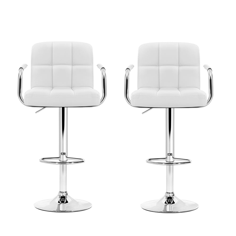 2x Bar Stools Leather Gas Lift w/Armrest White by Artiss