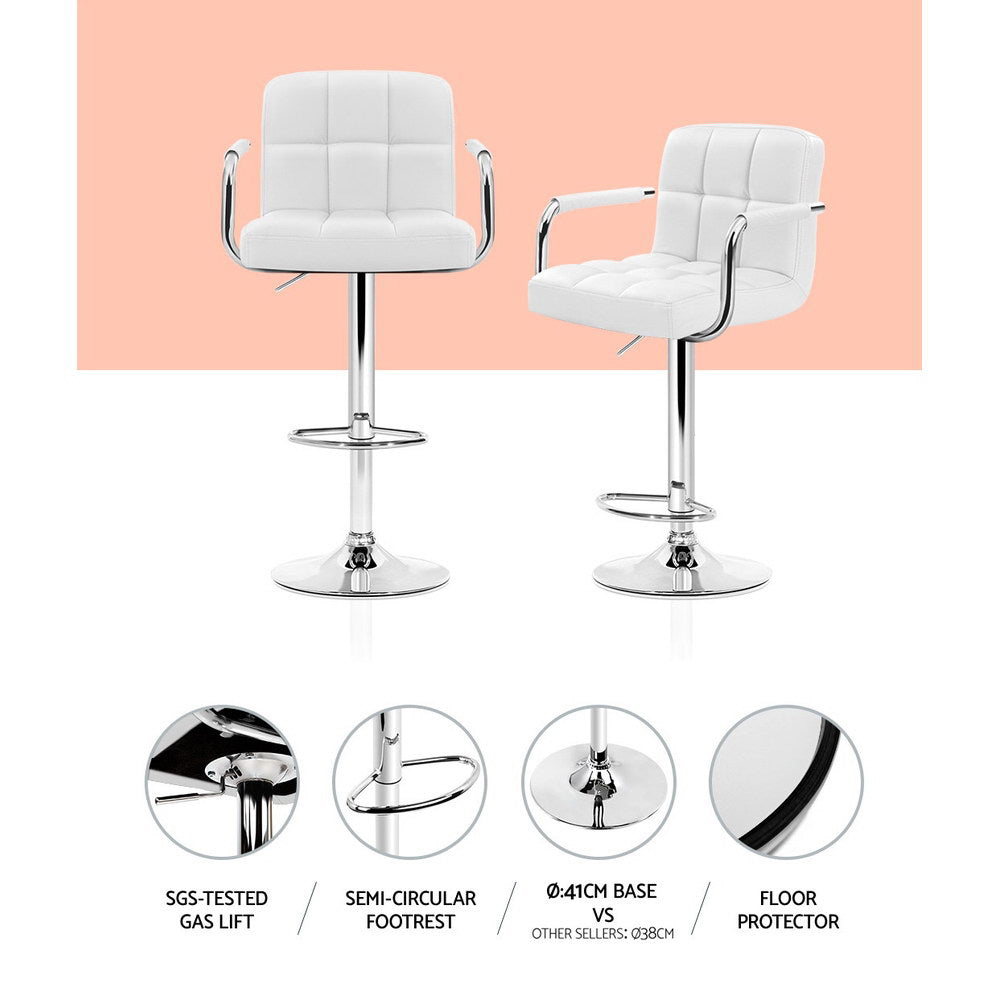 2x Bar Stools Leather Gas Lift w/Armrest White by Artiss