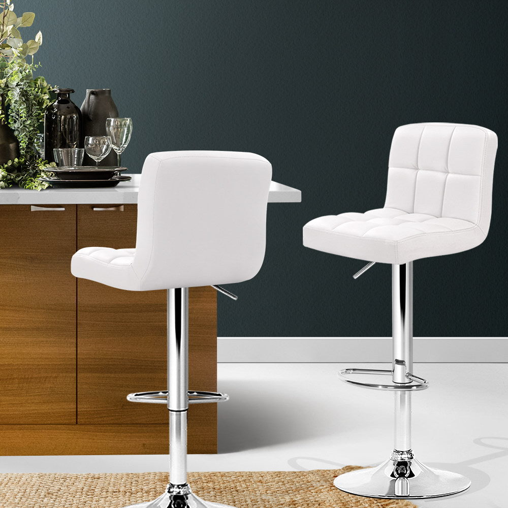 2x Bar Stools Leather Gas Lift w/Armrest White by Artiss