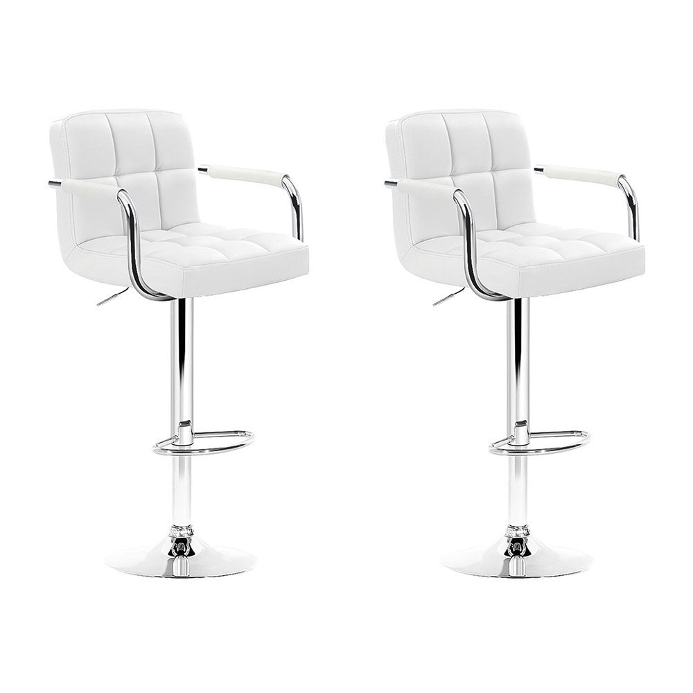 2x Bar Stools Leather Gas Lift w/Armrest White by Artiss