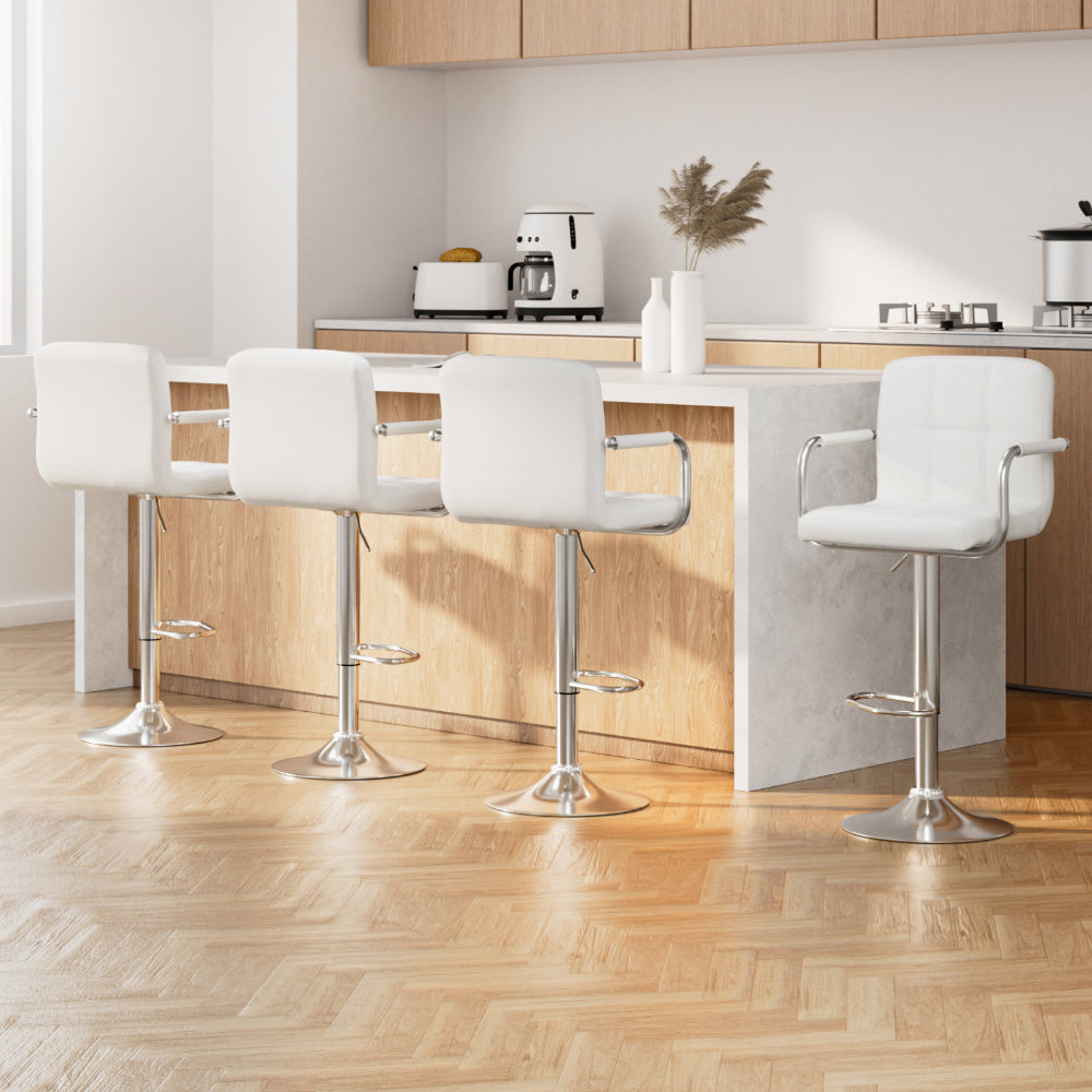 4x Bar Stools Leather Gas Lift w/Armrest White by Artiss
