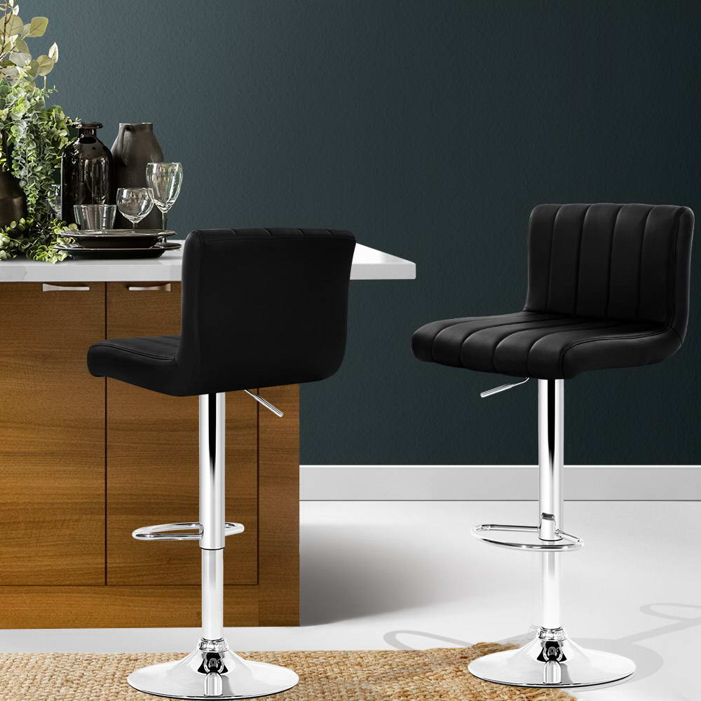 2x Bar Stools Gas Lift Leather Chairs Black by Artiss