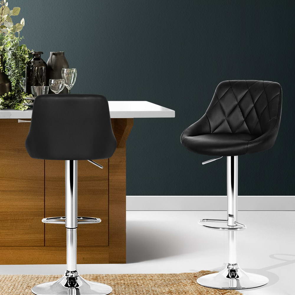 2x Bar Stools Leather Padded Gas Lift Stool Black by Artiss