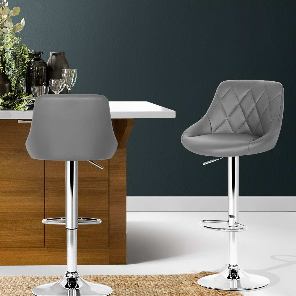 2x Bar Stools Leather Padded Gas Lift Grey by Artiss