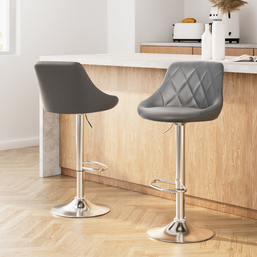 2x Bar Stools Leather Padded Gas Lift Grey by Artiss