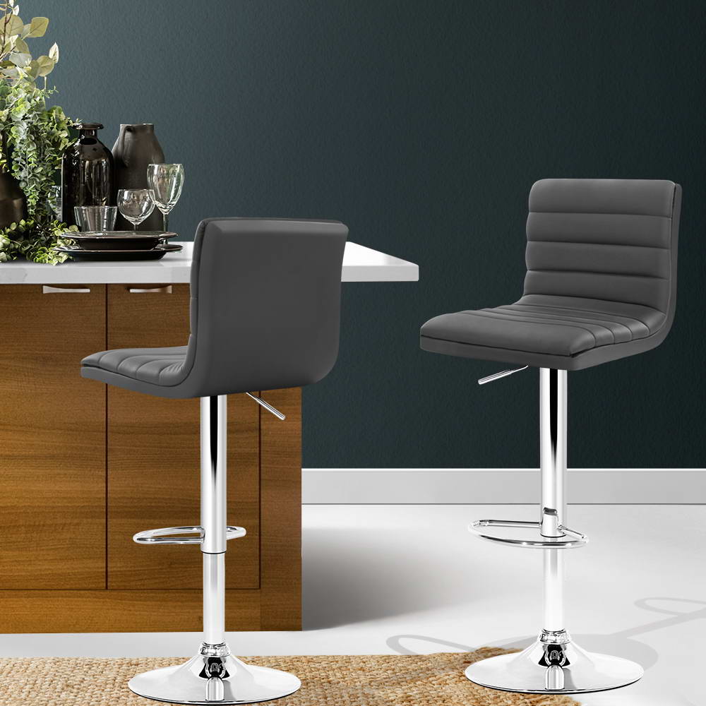 2x Bar Stools Padded Leather Gas Lift Grey by Artiss