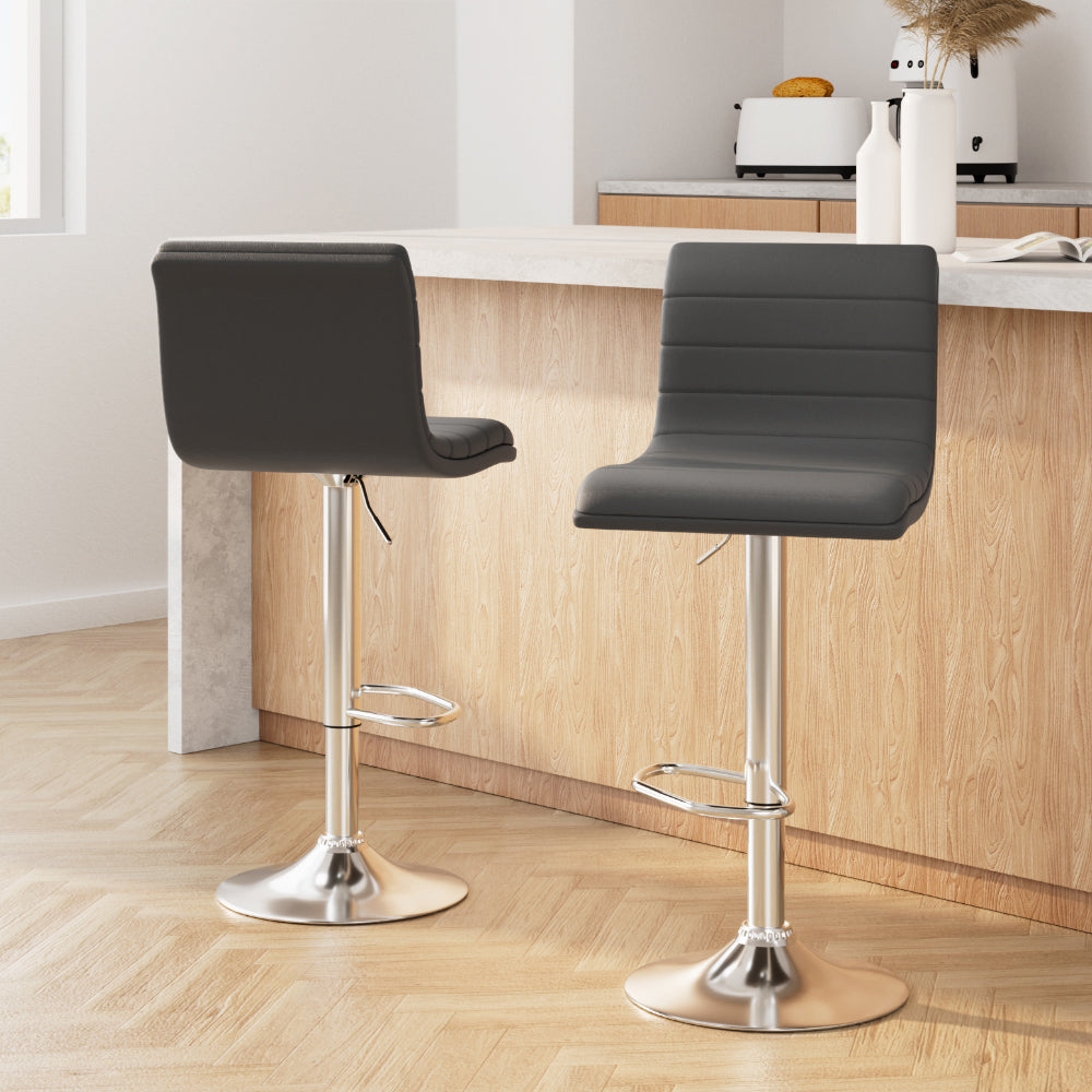 2x Bar Stools Padded Leather Gas Lift Grey by Artiss