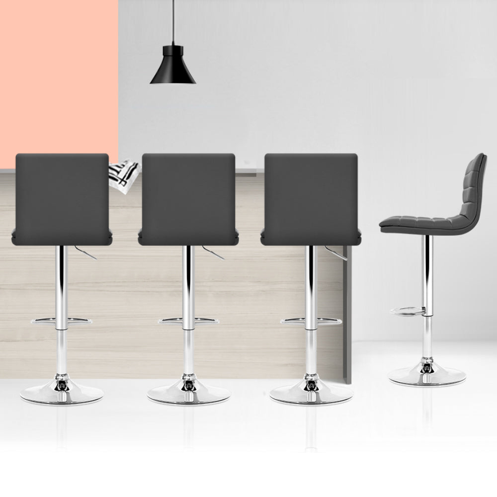 Set of 4 PU Leather Lined Pattern Bar Stools- Grey and Chrome by Artiss