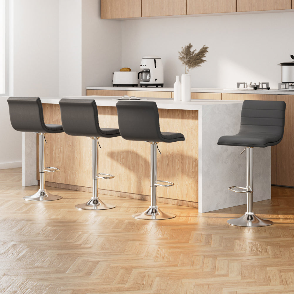 Set of 4 PU Leather Lined Pattern Bar Stools- Grey and Chrome by Artiss