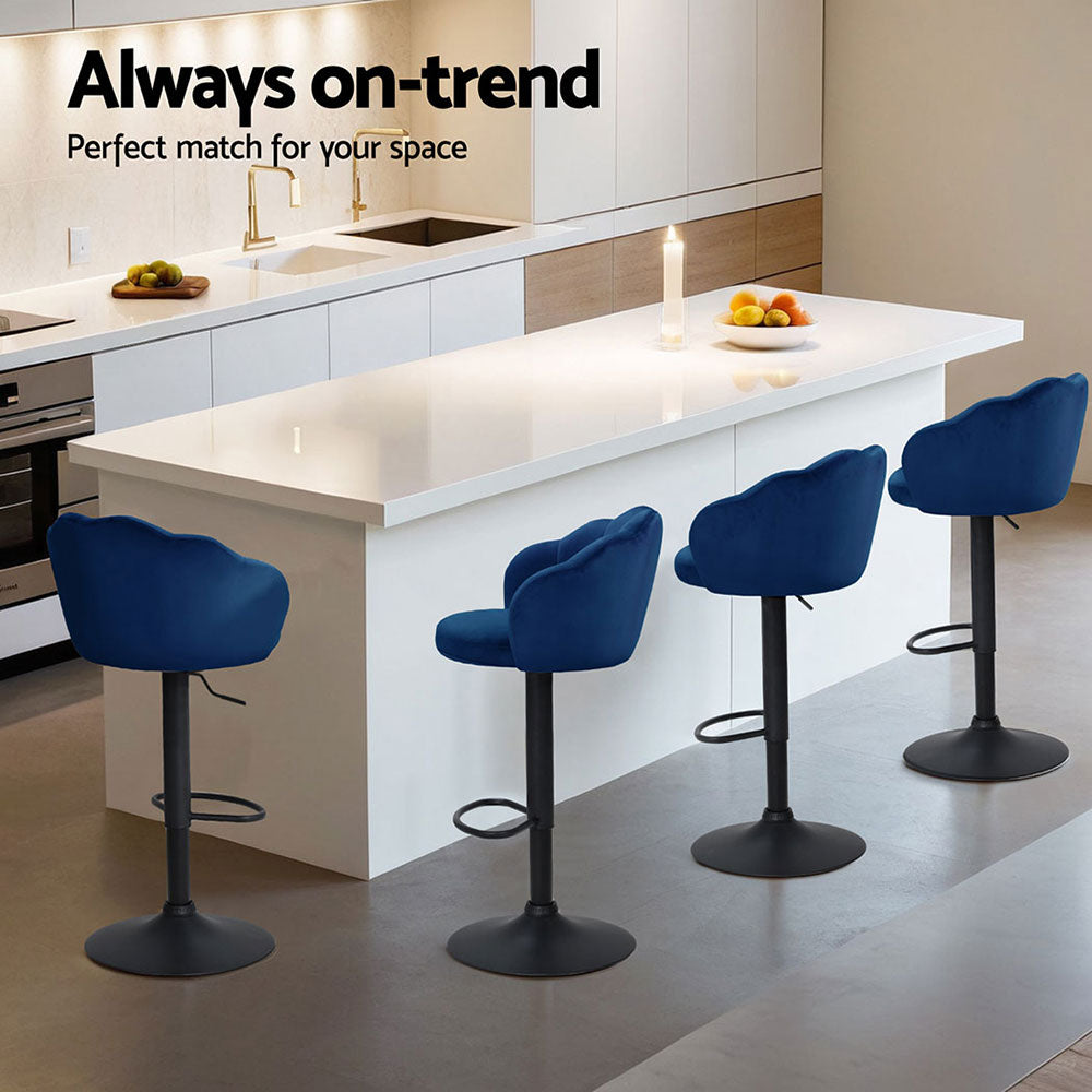 4x Bar Stools Gas Lift Velvet Blue By Artiss