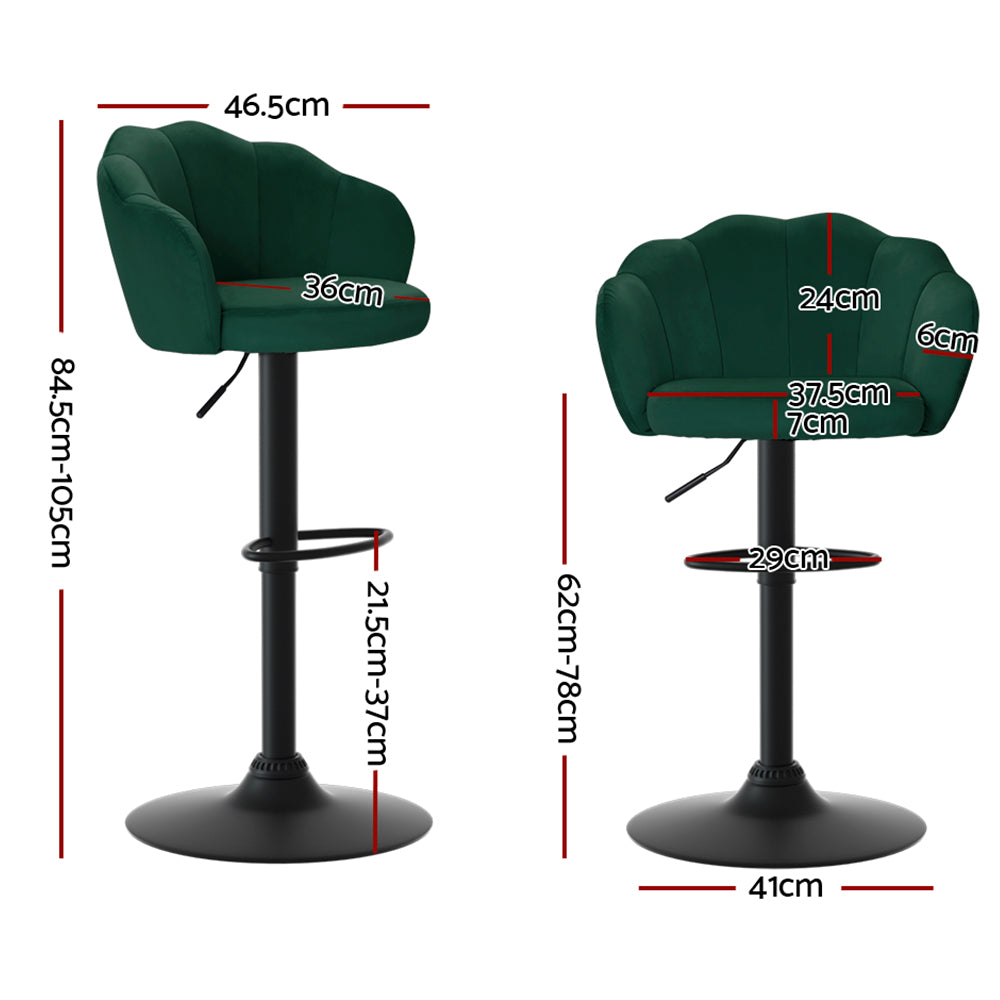 2x Bar Stools Gas Lift Velvet Green By Artiss