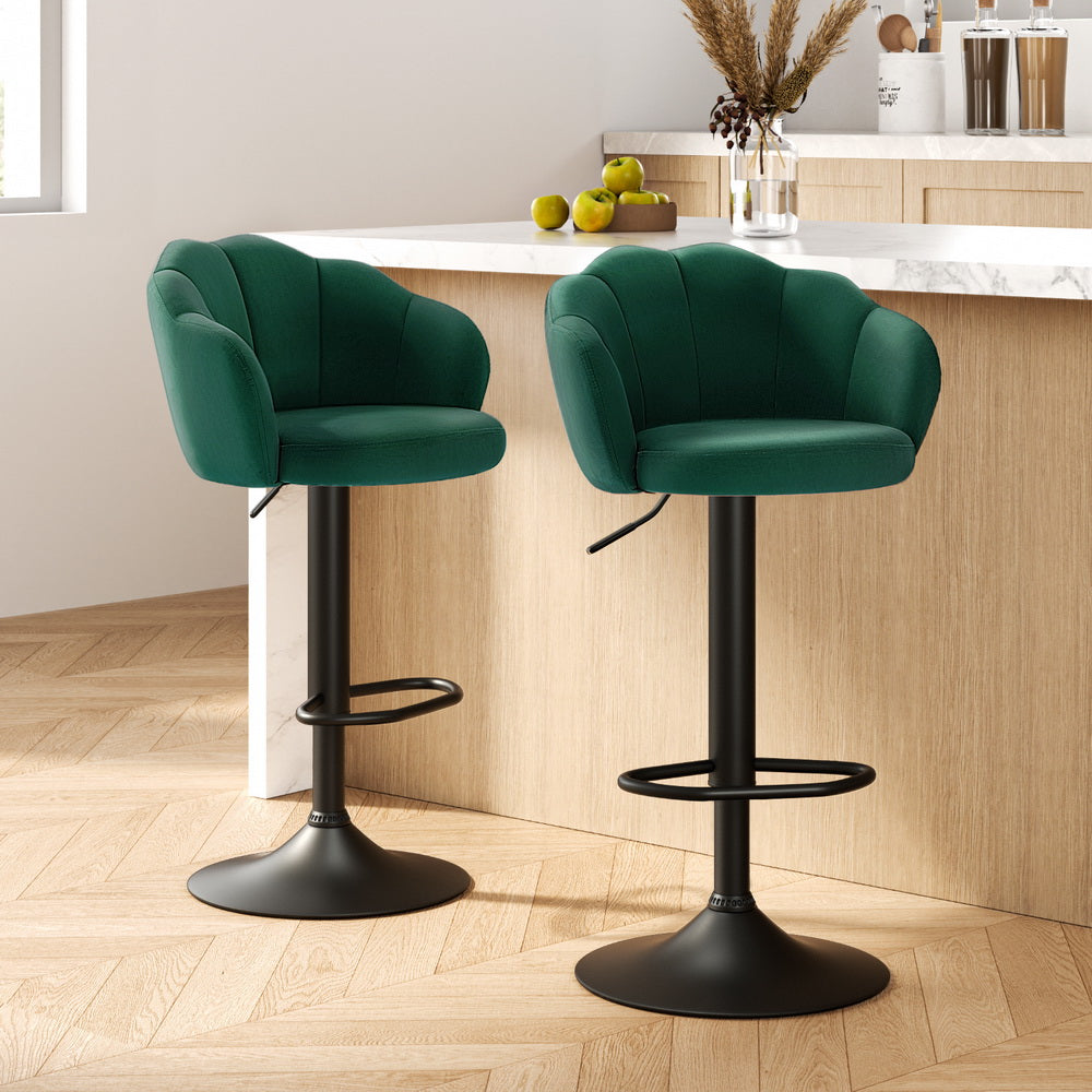 2x Bar Stools Gas Lift Velvet Green By Artiss