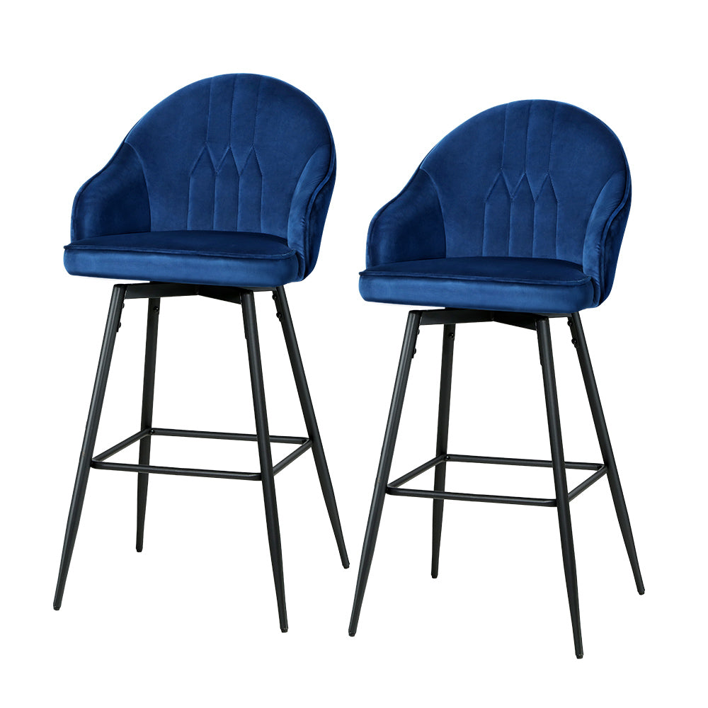 2x Bar Stools Velvet Swivel Metal Legs Blue By Artiss
