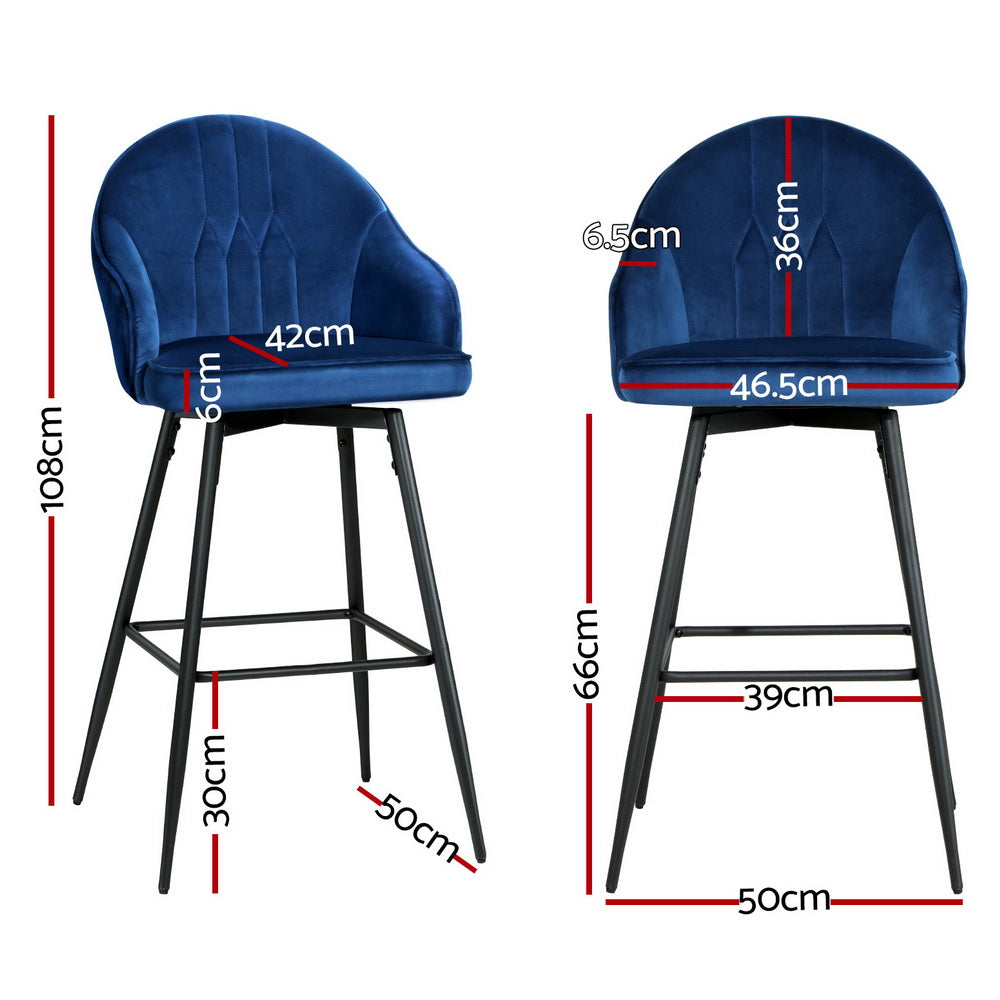 4x Bar Stools Velvet Swivel Metal Legs Blue by Artiss