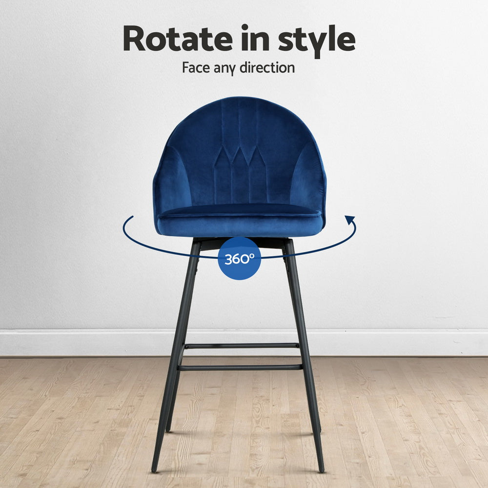 4x Bar Stools Velvet Swivel Metal Legs Blue by Artiss