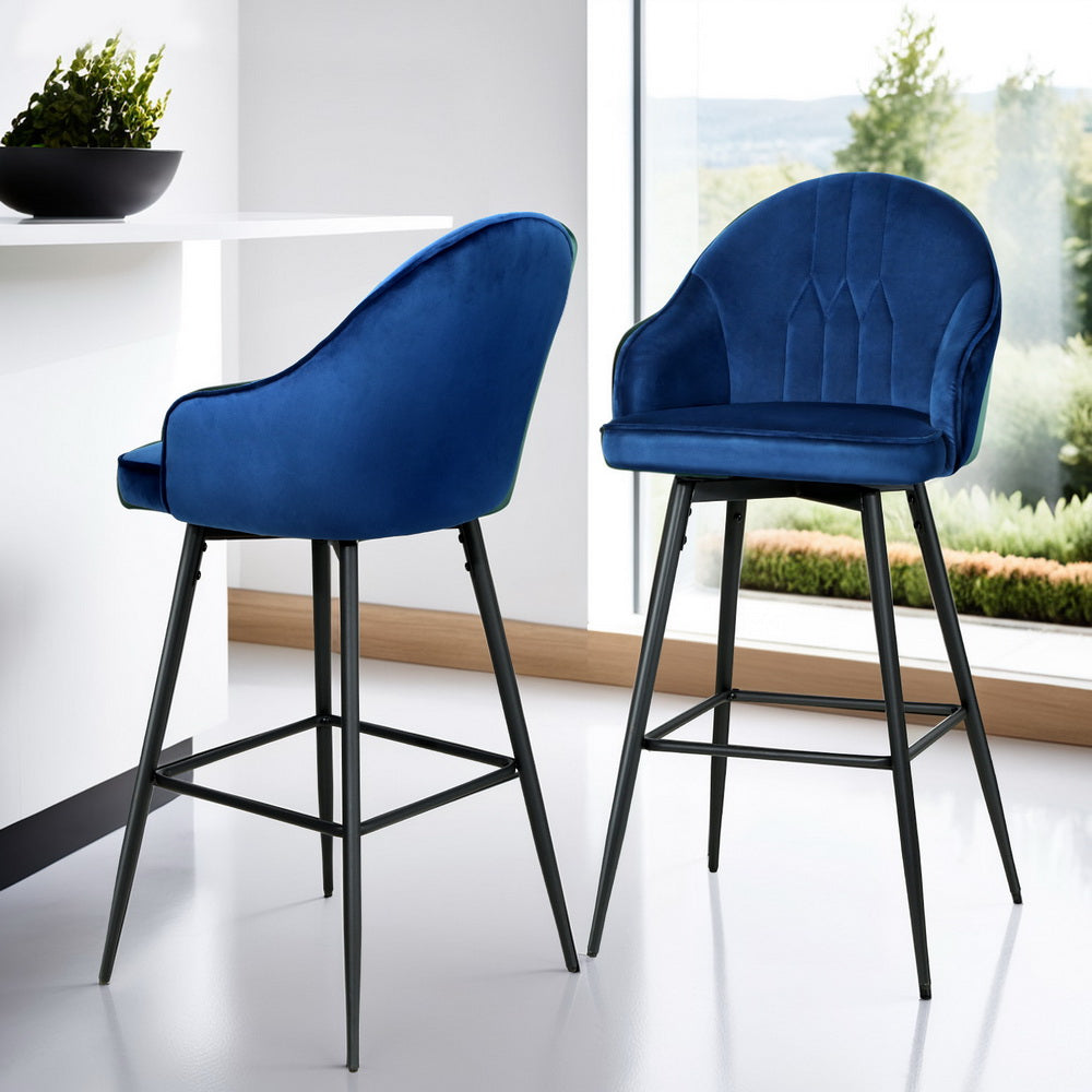4x Bar Stools Velvet Swivel Metal Legs Blue by Artiss