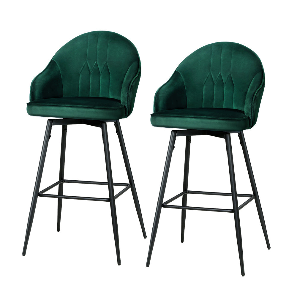 2x Bar Stools Velvet Swivel Metal Legs Green By Artiss