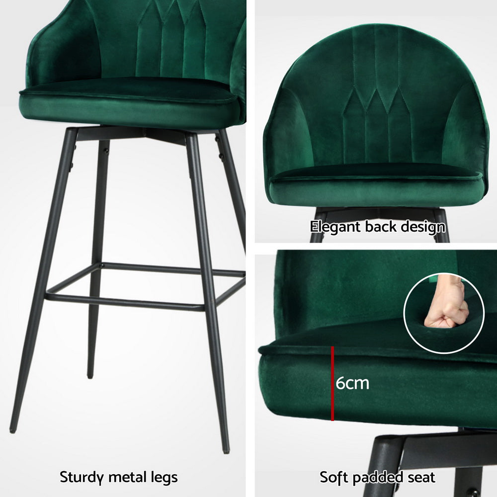 4x Velvet Bar Stools Swivel Metal Legs Green by Artiss