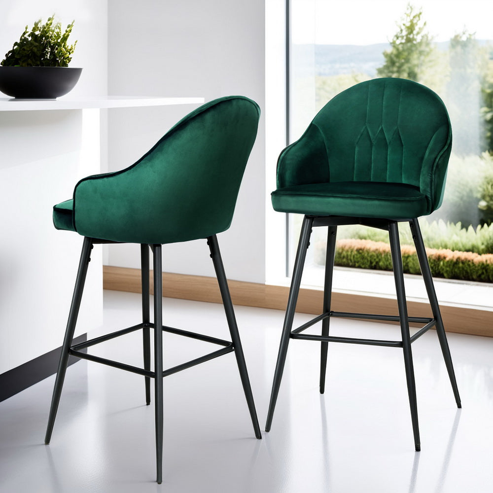 4x Velvet Bar Stools Swivel Metal Legs Green by Artiss