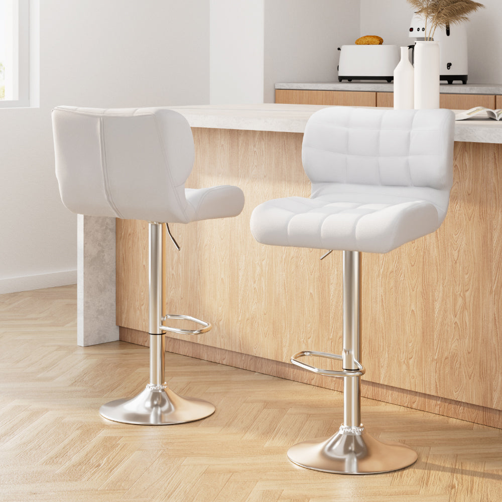 2x Bar Stools Gas Lift Leather Padded White by Artiss